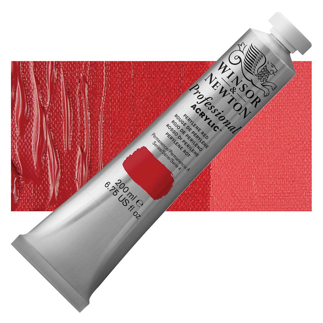 Open in modal - Winsor & Newton Professional Acrylic Paint - Perylene Red, 200 ml tube and swatch