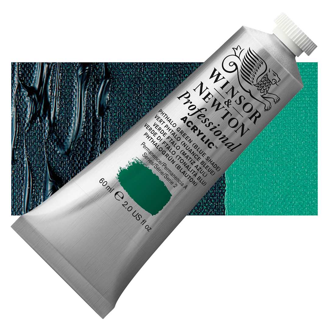 Open in modal - Winsor & Newton Professional Acrylic Paint - Phthalo Green Blue Shade, 60 ml tube and swatch