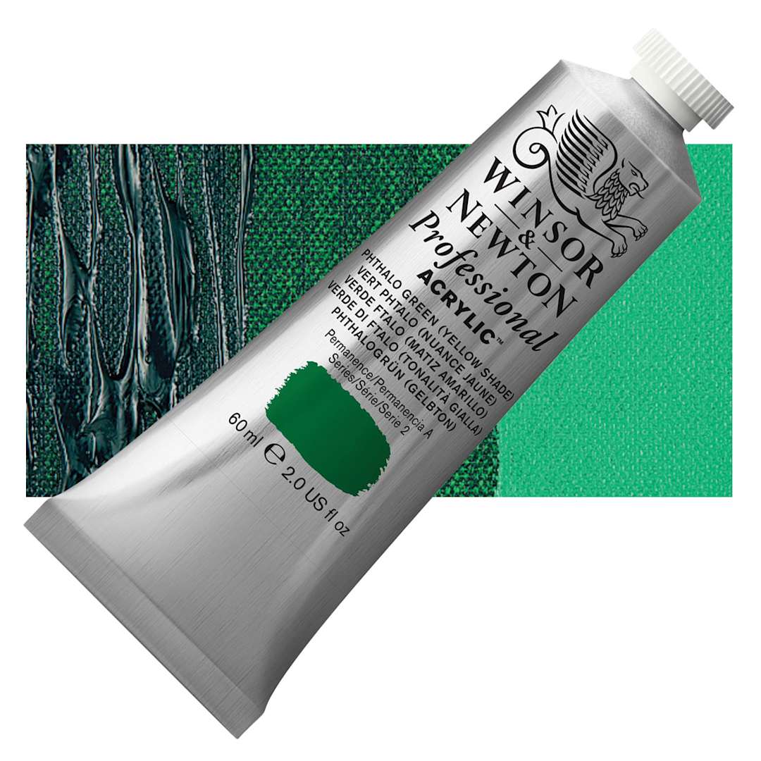 Open in modal - Winsor & Newton Professional Acrylic Paint - Phthalo Green Yellow Shade, 60 ml tube and swatch