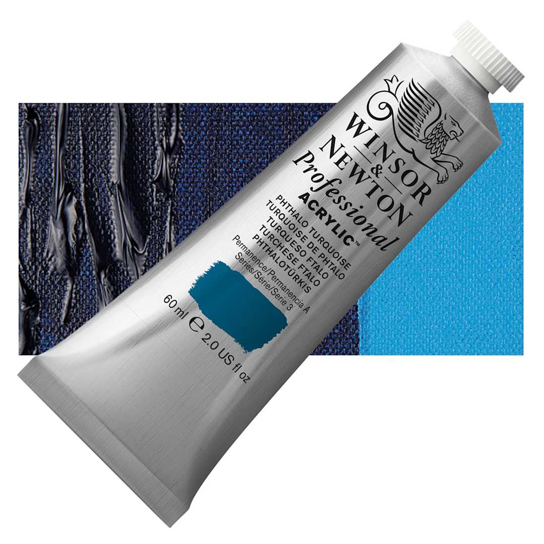 Open in modal - Winsor & Newton Professional Acrylic Paint - Phthalo Turquoise, 60 ml tube and swatch