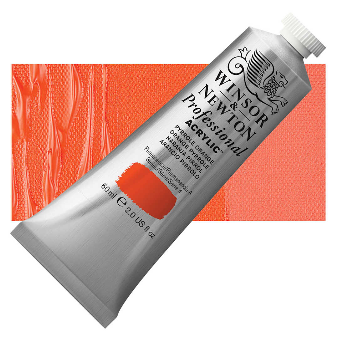 Open in modal - Winsor & Newton Professional Acrylic Paint - Pyrrole Orange, 60 ml tube and swatch
