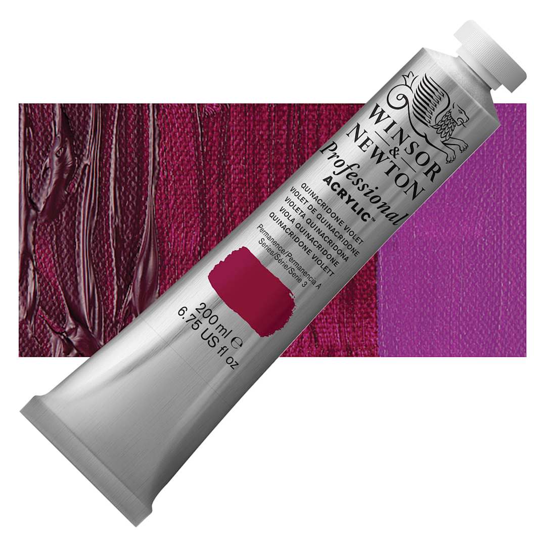 Open in modal - Winsor & Newton Professional Acrylic Paint - Quinacridone Violet, 200 ml tube and swatch
