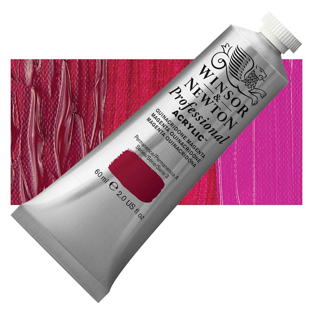 Open in modal - Winsor & Newton Professional Acrylic Paint - Quinacridone Magenta, 60 ml tube and swatch