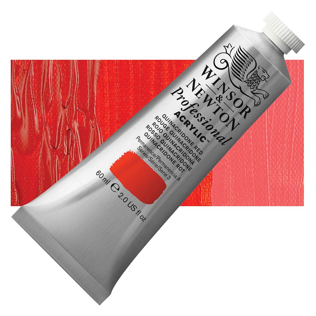 Open in modal - Winsor & Newton Professional Acrylic Paint - Quinacridone Red, 60 ml tube and swatch