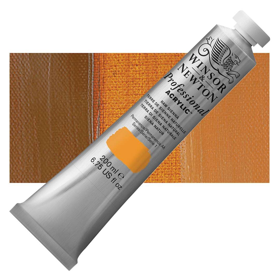 Open in modal - Winsor & Newton Professional Acrylic Paint - Raw Sienna, 200 ml tube and swatch