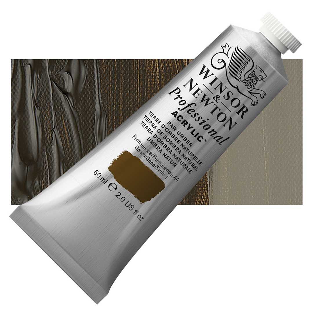 Open in modal - Winsor & Newton Professional Acrylic Paint - Raw Umber, 60 ml tube and swatch