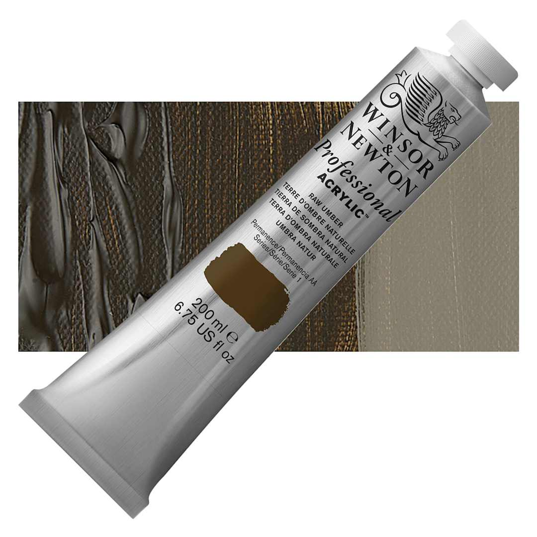 Open in modal - Winsor & Newton Professional Acrylic Paint - Raw Umber, 200 ml tube and swatch