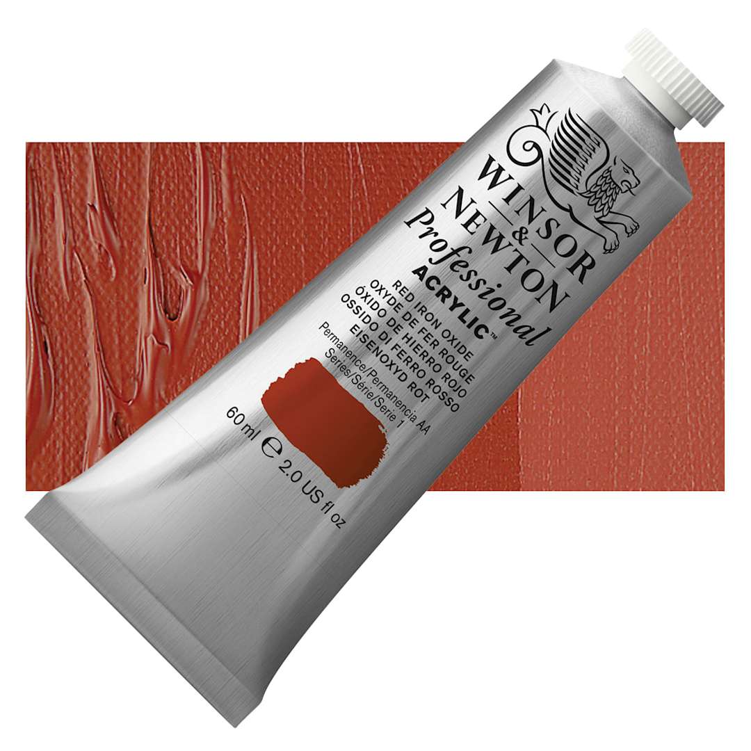 Open in modal - Winsor & Newton Professional Acrylic Paint - Red Iron Oxide, 60 ml tube and swatch