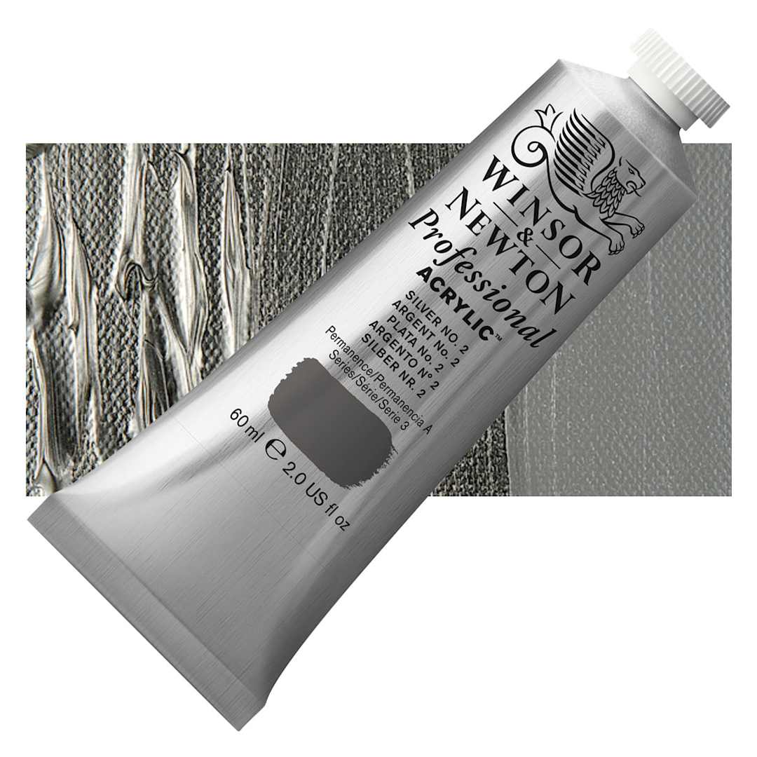 Open in modal - Winsor & Newton Professional Acrylic Paint - Silver No 2, 60 ml tube and swatch