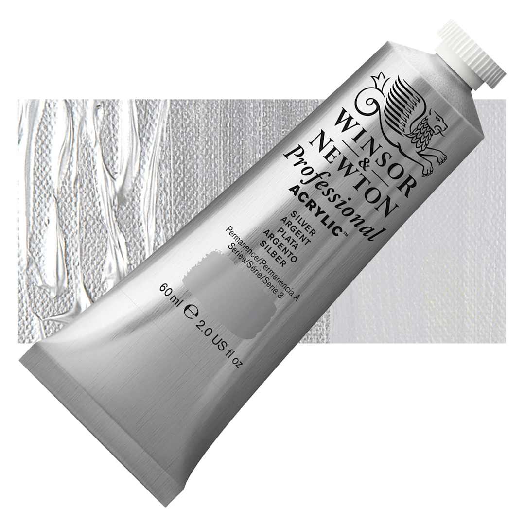 Open in modal - Winsor & Newton Professional Acrylic Paint - Silver, 60 ml tube and swatch