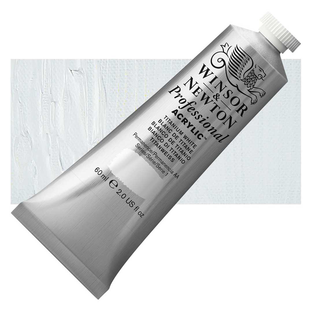 Open in modal - Winsor & Newton Professional Acrylic Paint - Titanium White, 60 ml tube and swatch