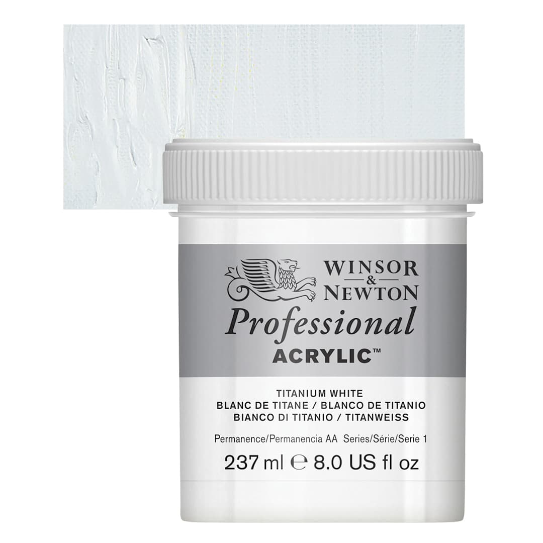 Open in modal - Winsor & Newton Professional Acrylic Paint - Titanium White, 237 ml Jar and swatch