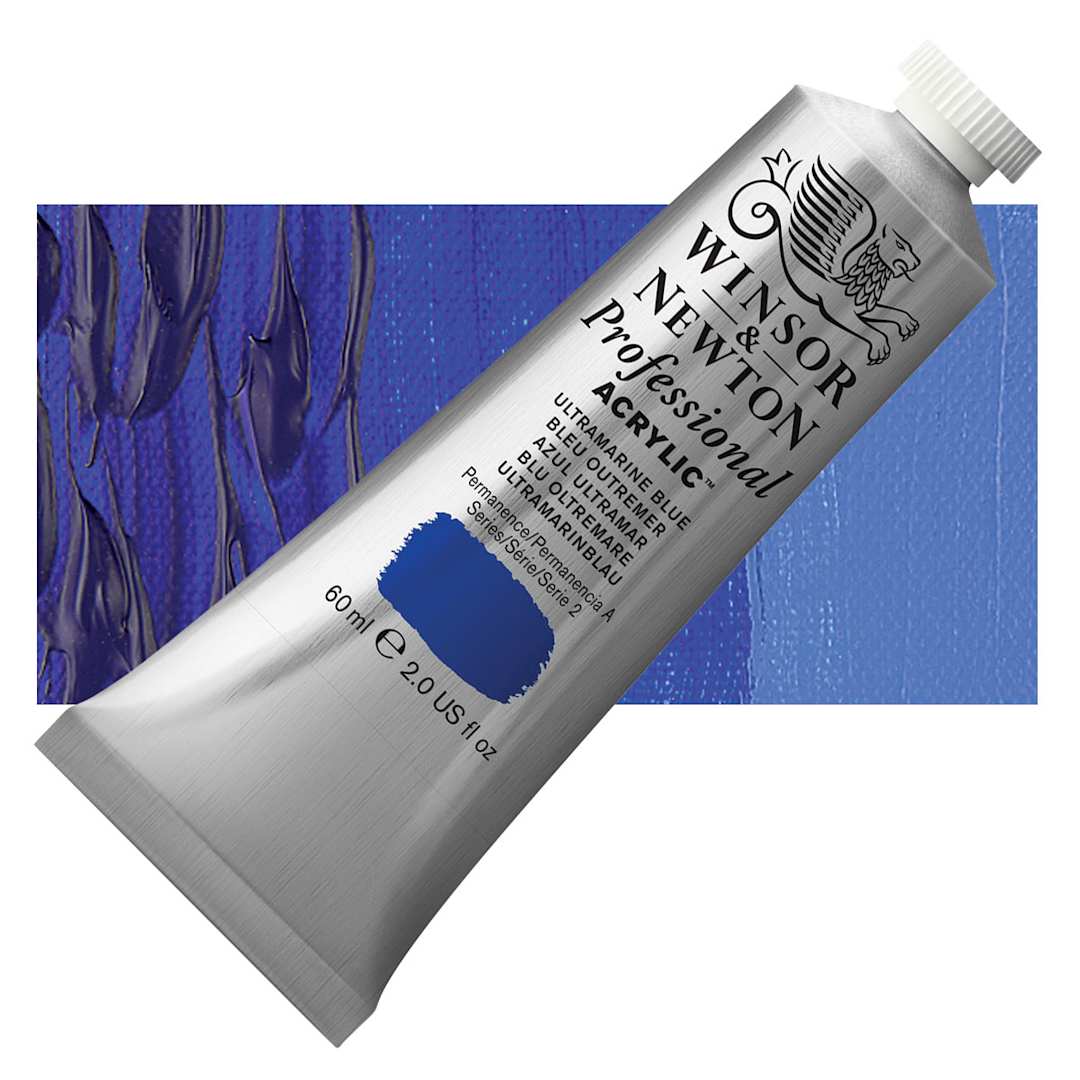 Open in modal - Winsor & Newton Professional Acrylic Paint - Ultramarine Blue, 60 ml tube and swatch