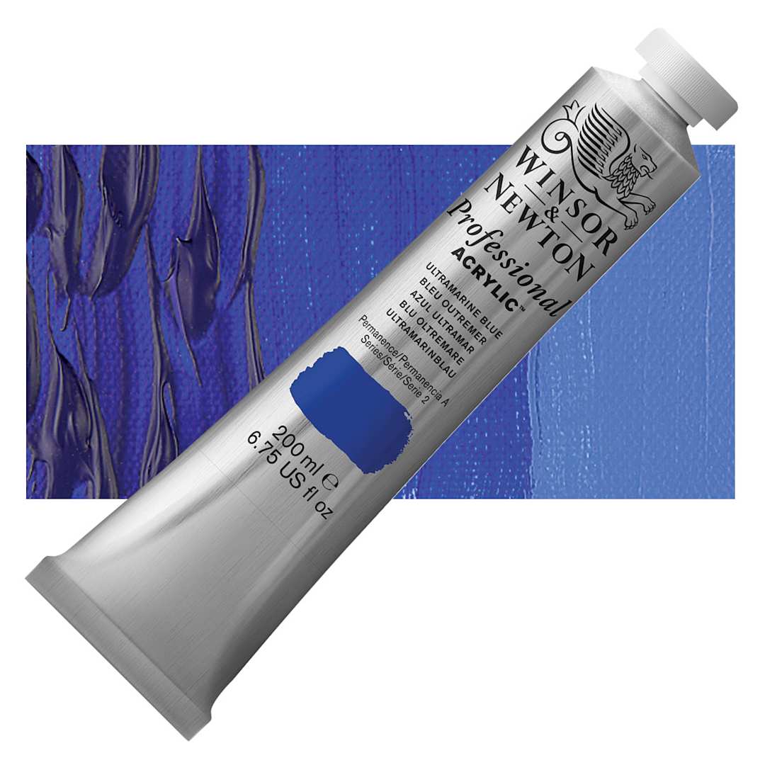 Open in modal - Winsor & Newton Professional Acrylic Paint - Ultramarine Blue, 200 ml tube and swatch