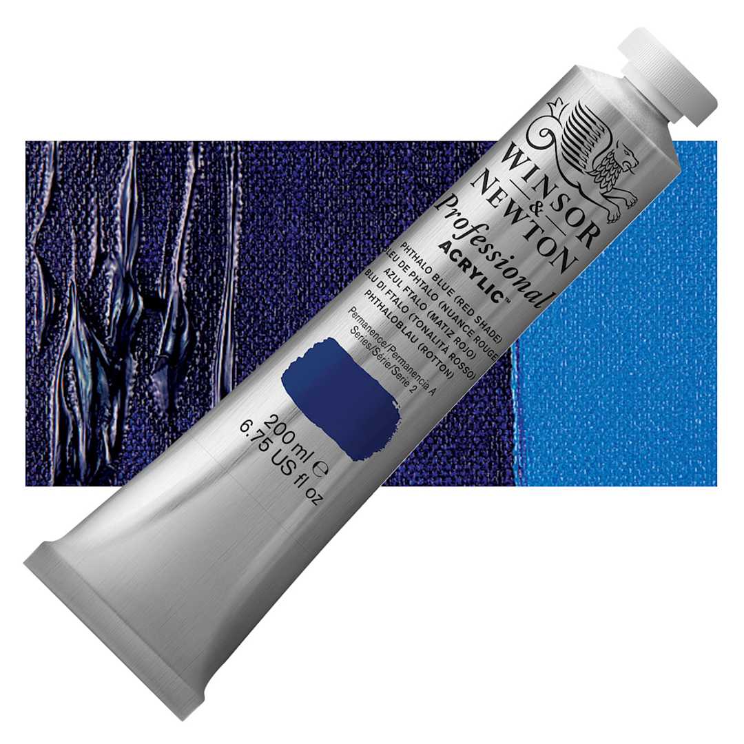 Open in modal - Winsor & Newton Professional Acrylic Paint - Phthalo Blue Red Shade, 200 ml tube and swatch