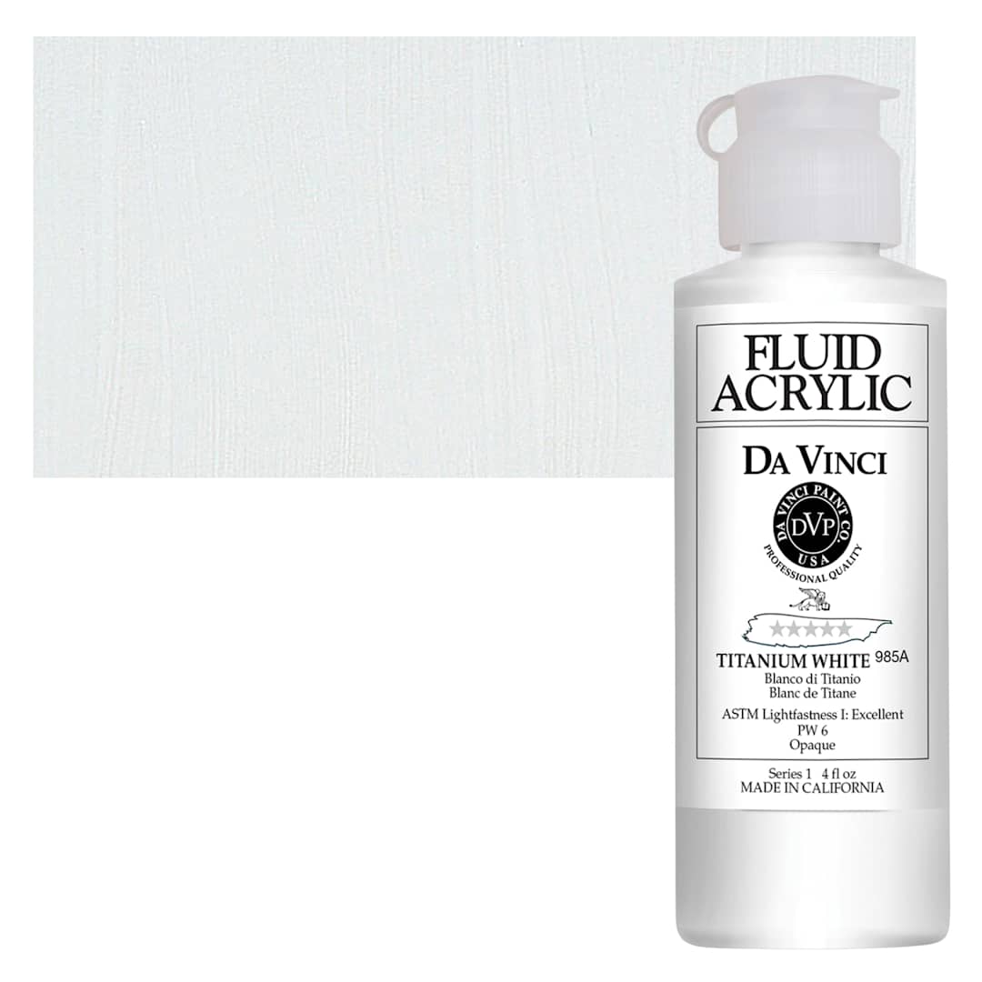 Open in modal - Da Vinci Fluid Acrylic Paint - Titanium White, 4 oz bottle and swatch