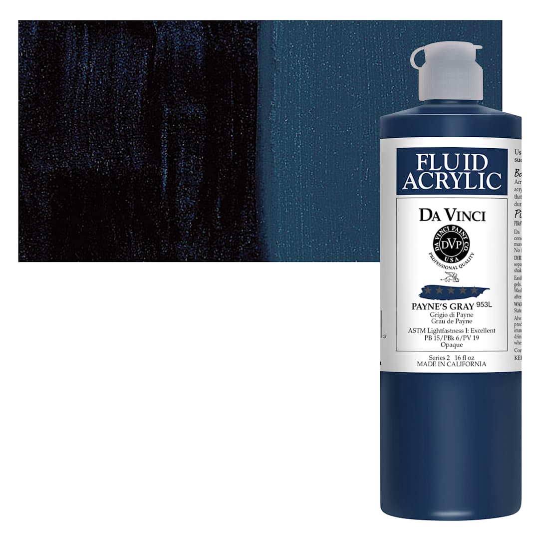 Open in modal - Da Vinci Fluid Acrylic Paint - Payne's Gray, 16 oz bottle and swatch