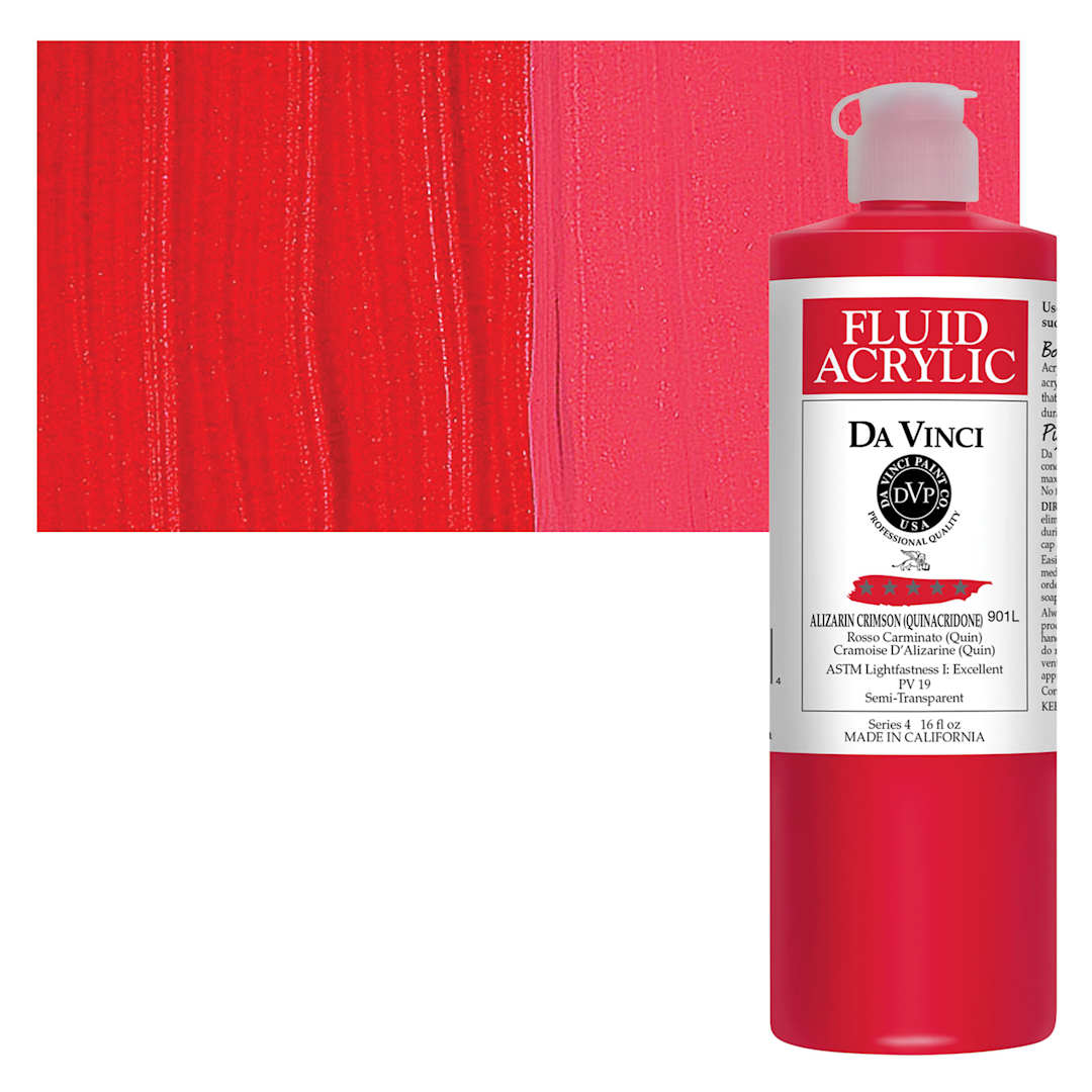 Open in modal - Da Vinci Fluid Acrylic Paint - Alizarin Crimson, 16 oz bottle and swatch