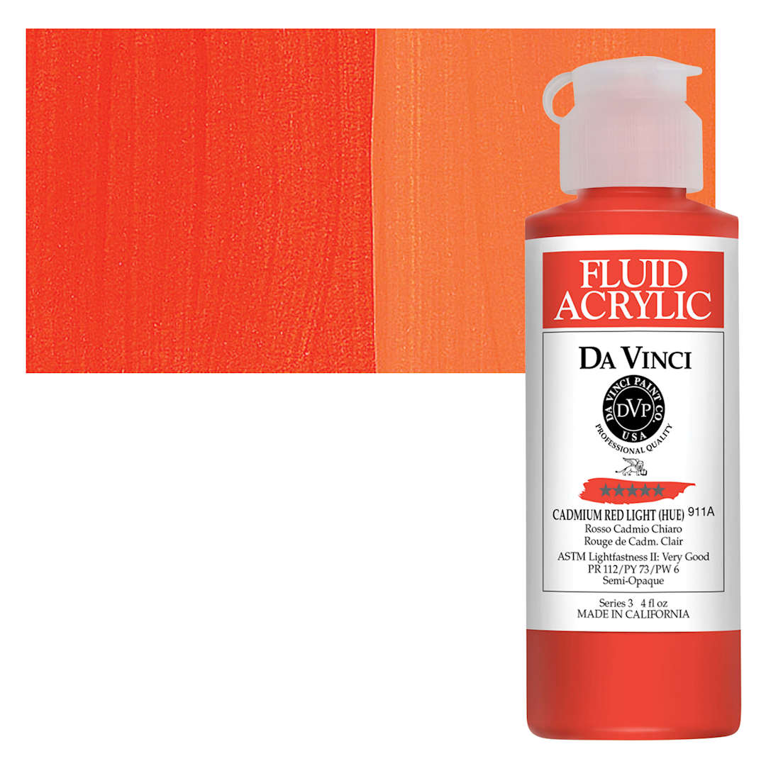 Open in modal - Da Vinci Fluid Acrylic Paint - Cadmium Red Light Hue, 4 oz bottle and swatch