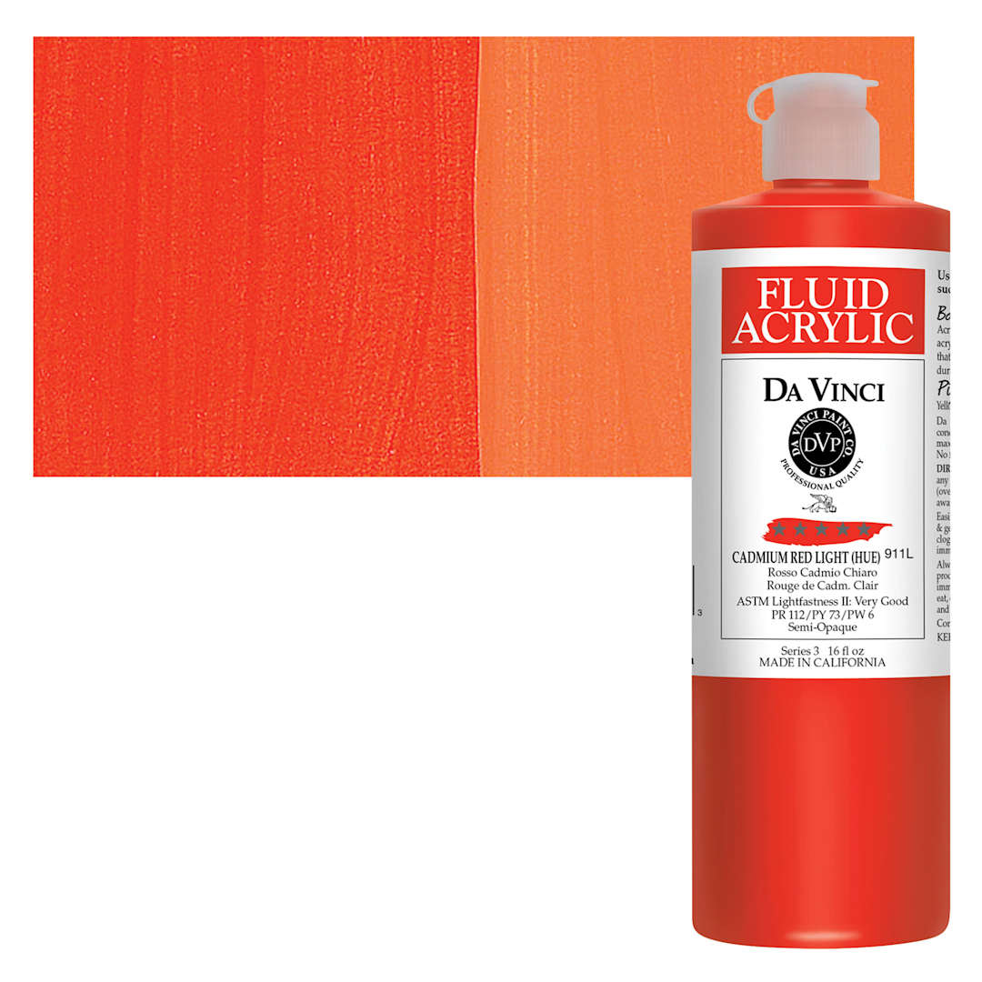 Open in modal - Da Vinci Fluid Acrylic Paint - Cadmium Red Light Hue, 16 oz bottle and swatch