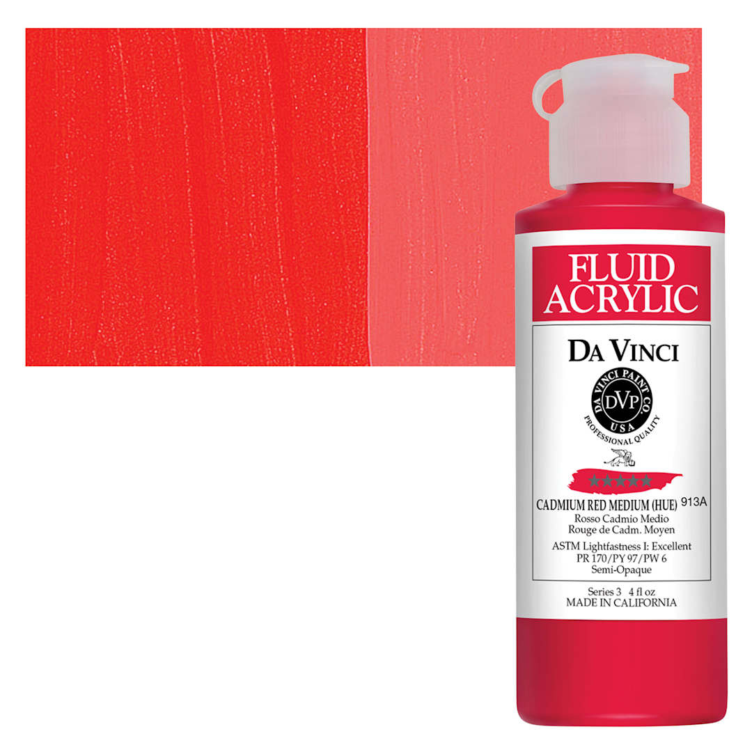 Open in modal - Da Vinci Fluid Acrylic Paint - Cadmium Red Medium Hue, 4 oz bottle and swatch