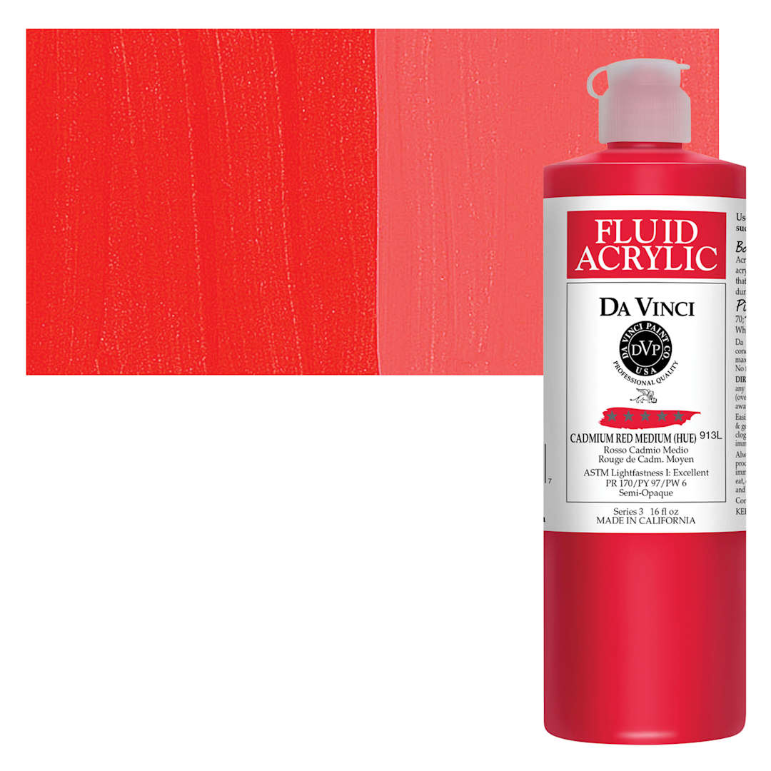 Open in modal - Da Vinci Fluid Acrylic Paint - Cadmium Red Medium Hue, 16 oz bottle and swatch