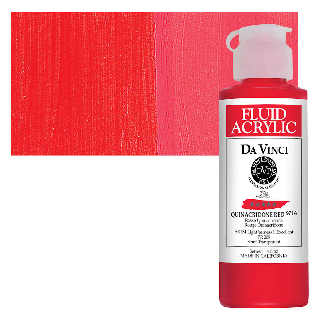 Open in modal - Da Vinci Fluid Acrylic Paint - Quinacridone Red, 4 oz bottle and swatch