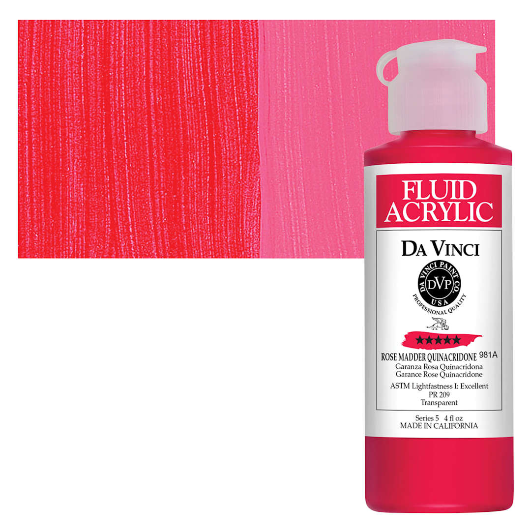 Open in modal - Da Vinci Fluid Acrylic Paint - Rose Madder Quinacridone, 4 oz bottle and swatch
