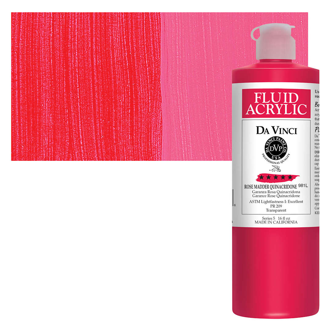 Open in modal - Da Vinci Fluid Acrylic Paint - Rose Madder Quinacridone, 16 oz bottle and swatch