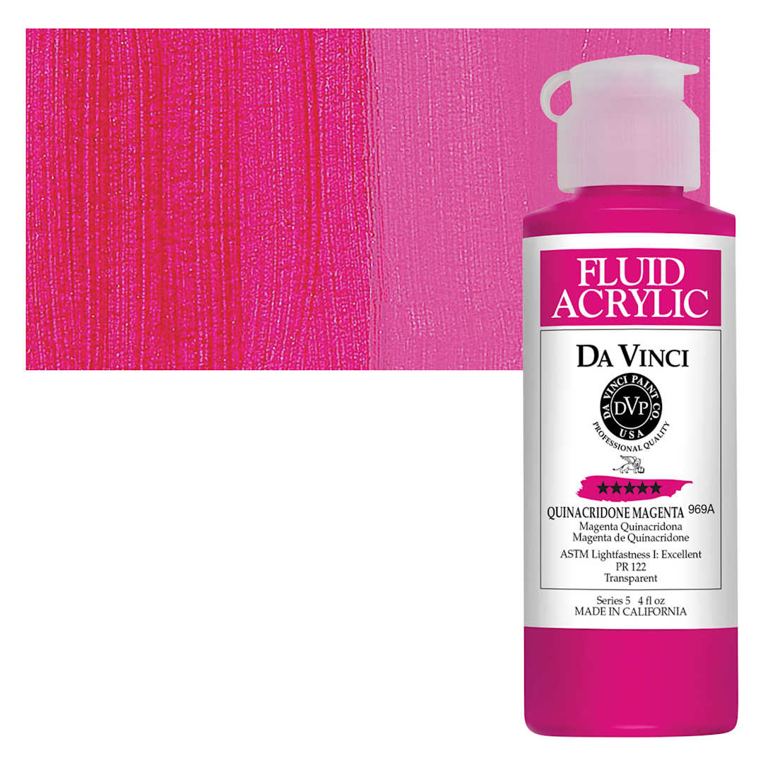 Open in modal - Da Vinci Fluid Acrylic Paint - Quinacridone Magenta, 4 oz bottle and swatch
