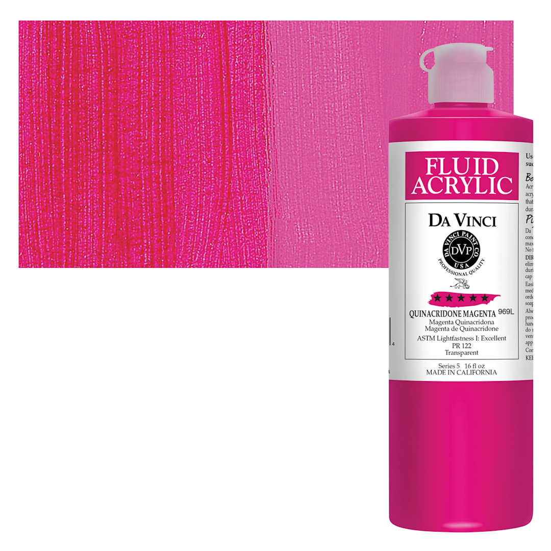 Open in modal - Da Vinci Fluid Acrylic Paint - Quinacridone Magenta, 16 oz bottle and swatch