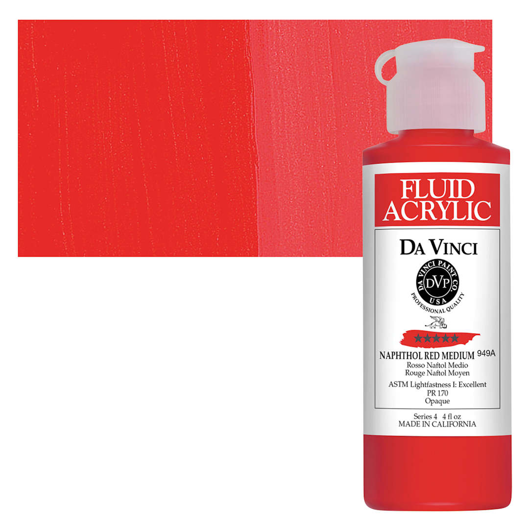 Open in modal - Da Vinci Fluid Acrylic Paint - Napthol Red Medium, 4 oz bottle and swatch
