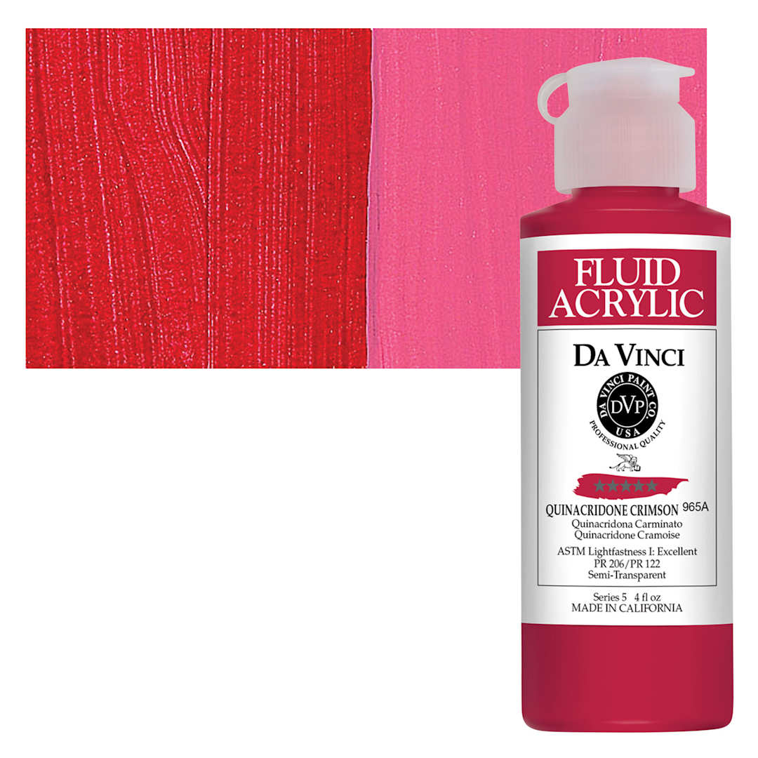 Open in modal - Da Vinci Fluid Acrylic Paint - Quinacridone Crimson, 4 oz bottle and swatch