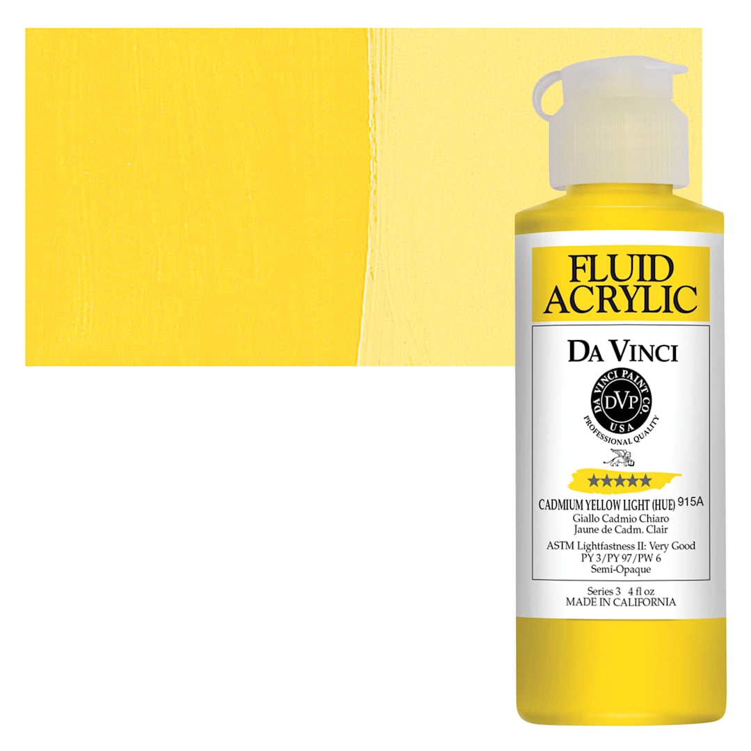 Open in modal - Da Vinci Fluid Acrylic Paint - Cadmium Yellow Light Hue, 4 oz bottle and swatch