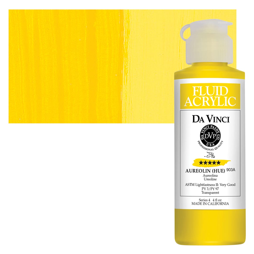 Open in modal - Da Vinci Fluid Acrylic Paint - Aureolin Hue, 4 oz bottle and swatch