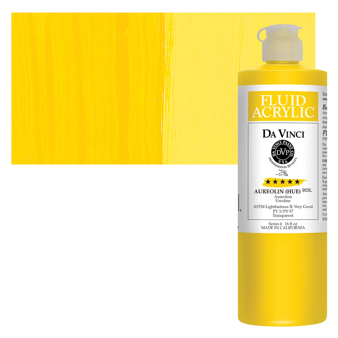 Open in modal - Da Vinci Fluid Acrylic Paint - Aureolin Hue, 16 oz bottle and swatch