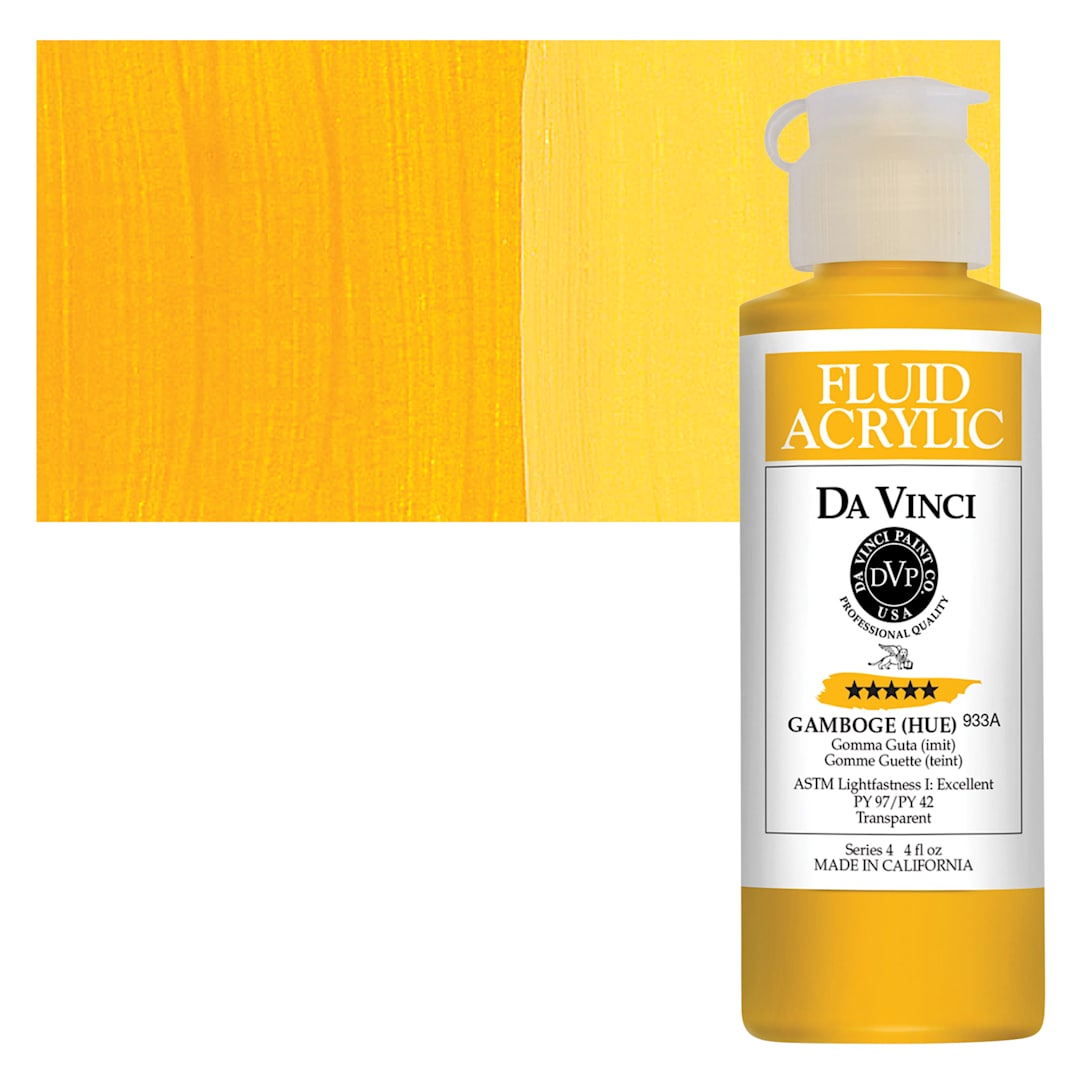 Open in modal - Da Vinci Fluid Acrylic Paint - Gamboge Hue, 4 oz bottle and swatch