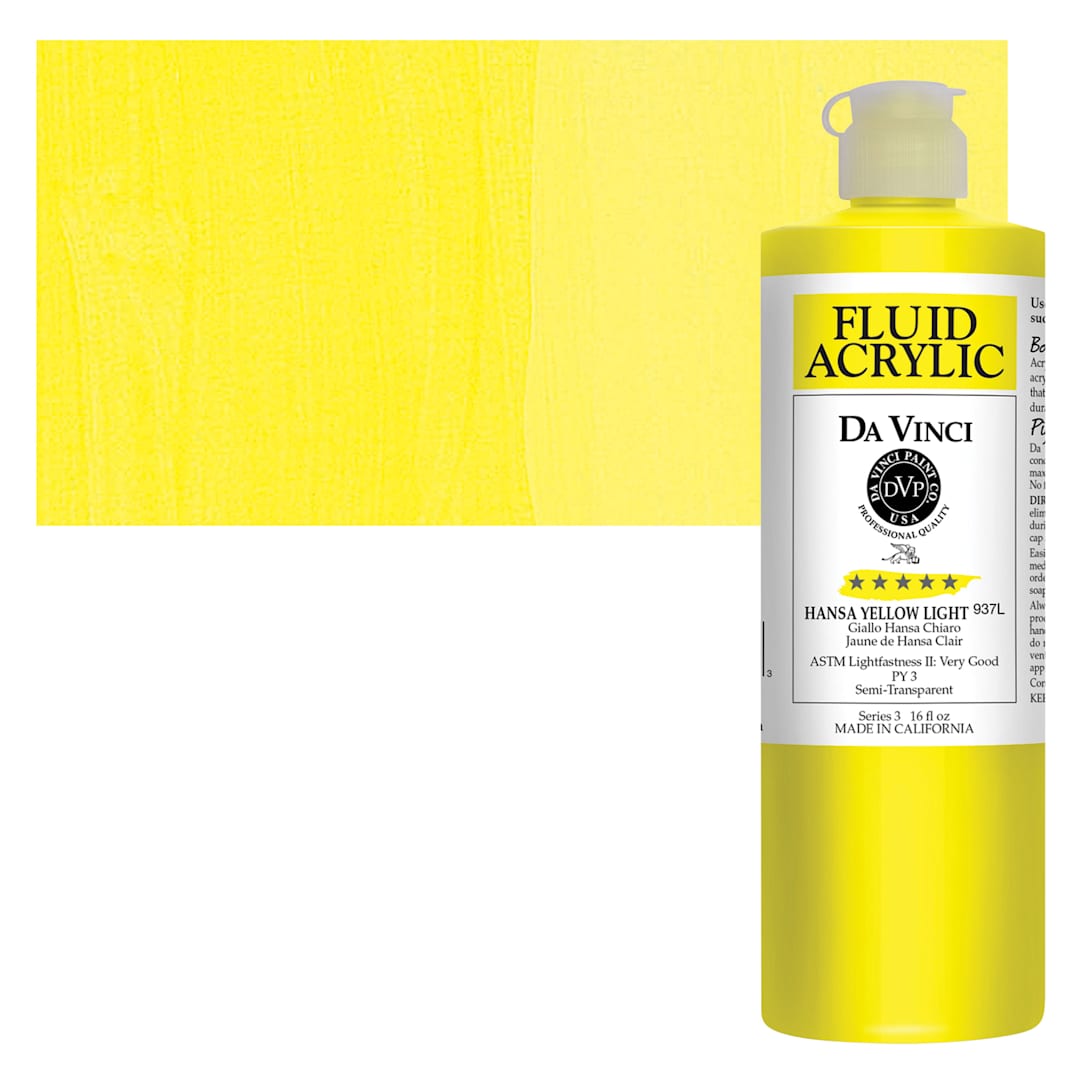 Open in modal - Da Vinci Fluid Acrylic Paint - Hansa Yellow Light, 16 oz bottle and swatch