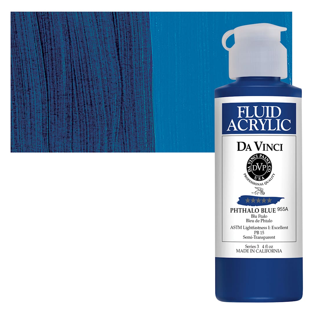 Open in modal - Da Vinci Fluid Acrylic Paint - Phthalo Blue, 4 oz bottle and swatch
