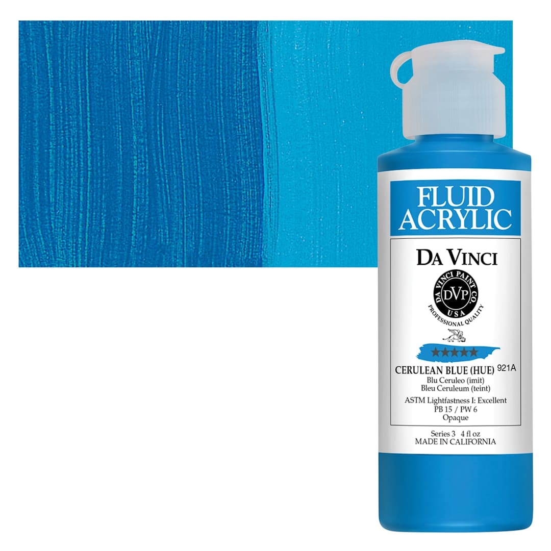 Open in modal - Da Vinci Fluid Acrylic Paint - Cerulean Blue Hue, 4 oz bottle and swatch