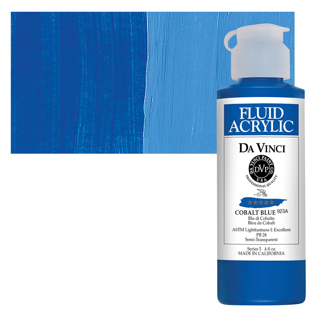 Open in modal - Da Vinci Fluid Acrylic Paint - Cobalt Blue, 4 oz bottle and swatch