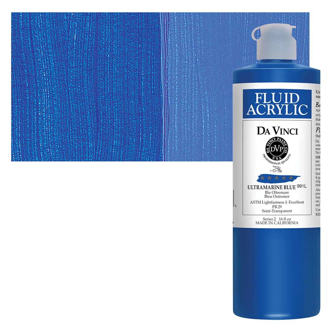 Open in modal - Da Vinci Fluid Acrylic Paint - Ultramarine Blue, 16 oz bottle and swatch