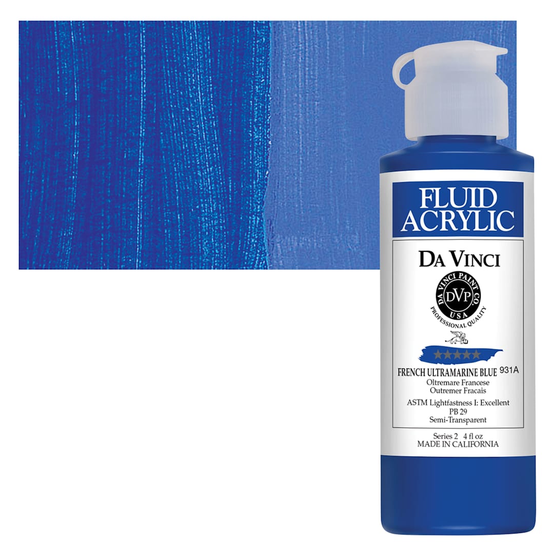 Open in modal - Da Vinci Fluid Acrylic Paint - French Ultramarine Blue, 4 oz bottle and swatch