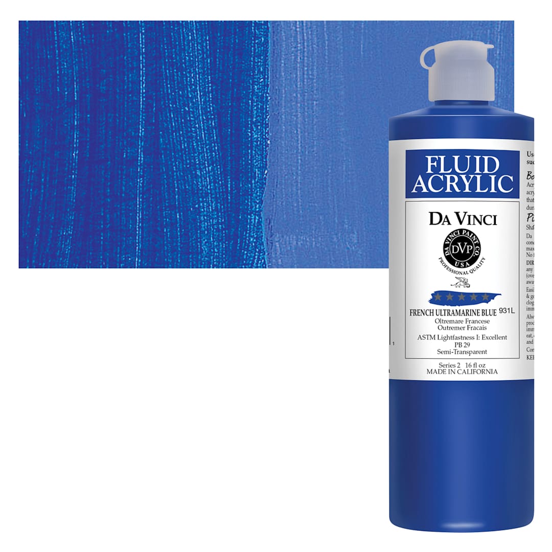 Open in modal - Da Vinci Fluid Acrylic Paint - French Ultramarine Blue, 16 oz bottle and swatch
