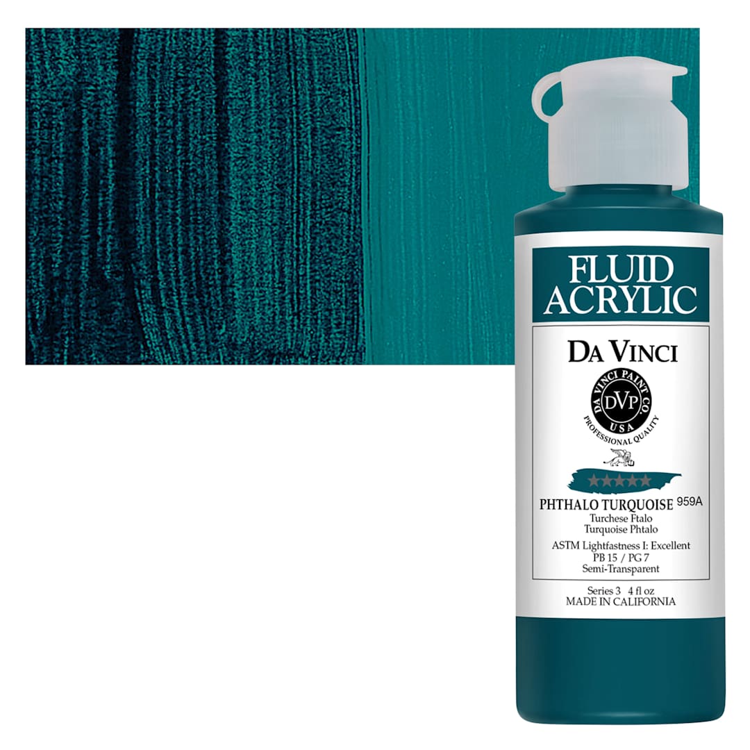 Open in modal - Da Vinci Fluid Acrylic Paint - Phthalo Turquoise, 4 oz bottle and swatch
