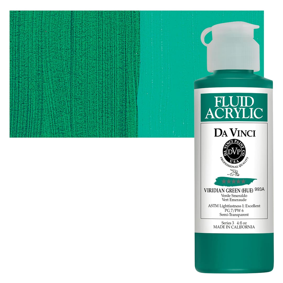 Open in modal - Da Vinci Fluid Acrylic Paint - Viridian Green Hue, 4 oz bottle and swatch