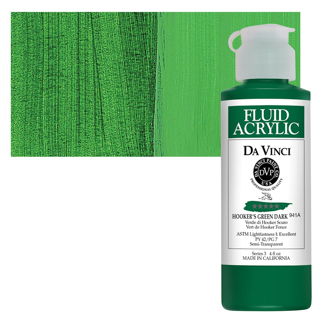Open in modal - Da Vinci Fluid Acrylic Paint - Hooker's Green Dark, 4 oz bottle and swatch