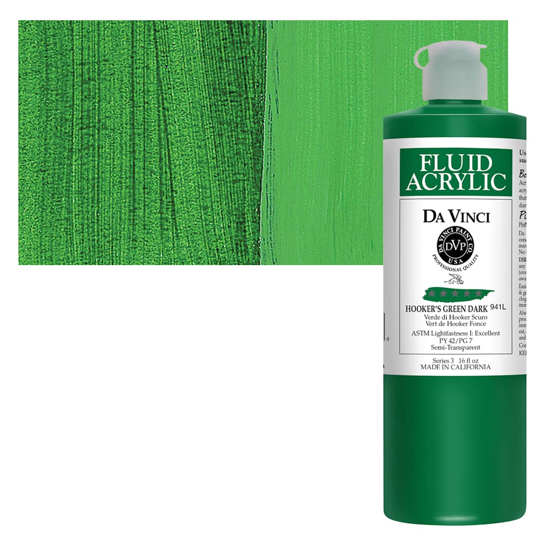 Open in modal - Da Vinci Fluid Acrylic Paint - Hooker's Green Dark, 16 oz bottle and swatch