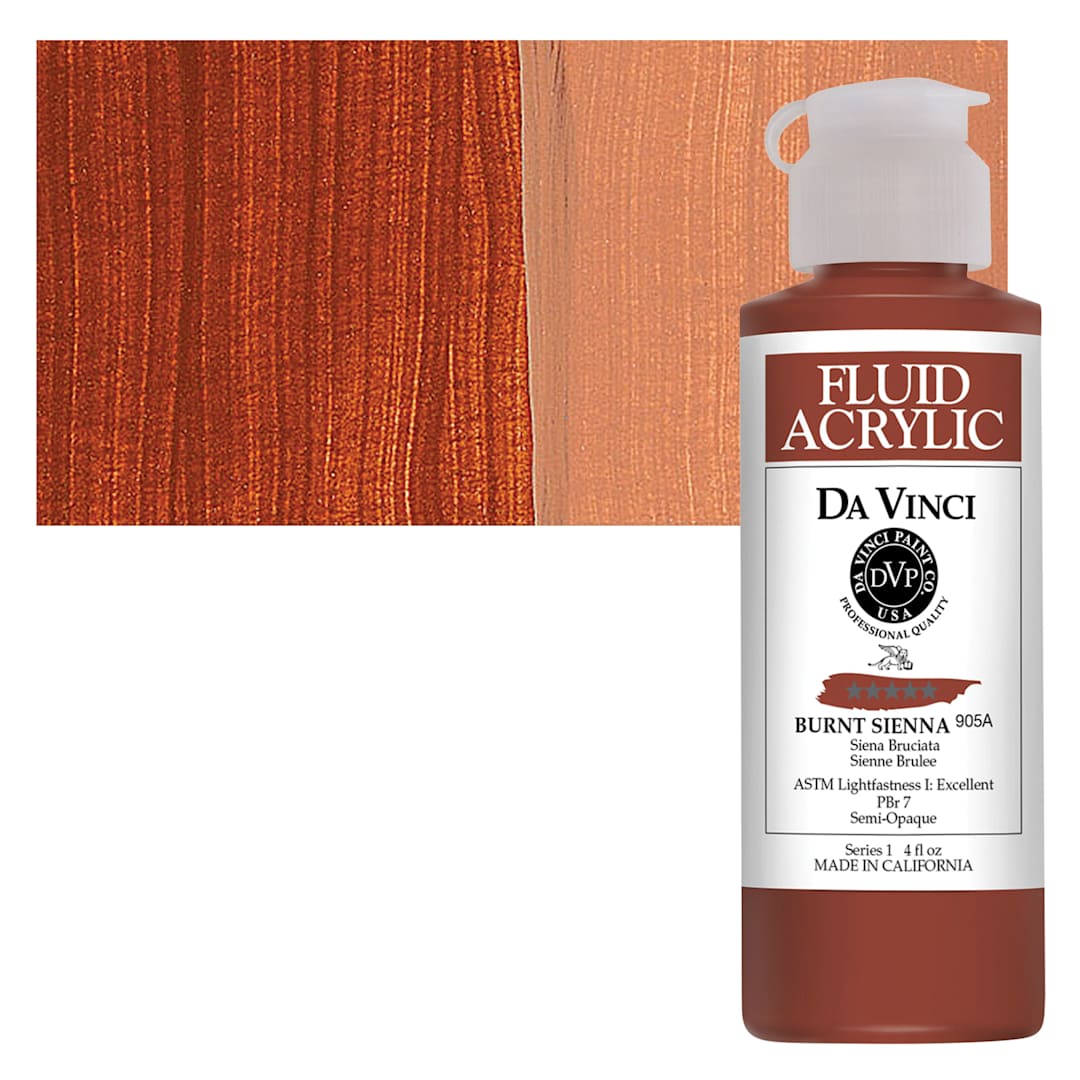 Open in modal - Da Vinci Fluid Acrylic Paint - Burnt Sienna, 4 oz bottle and swatch