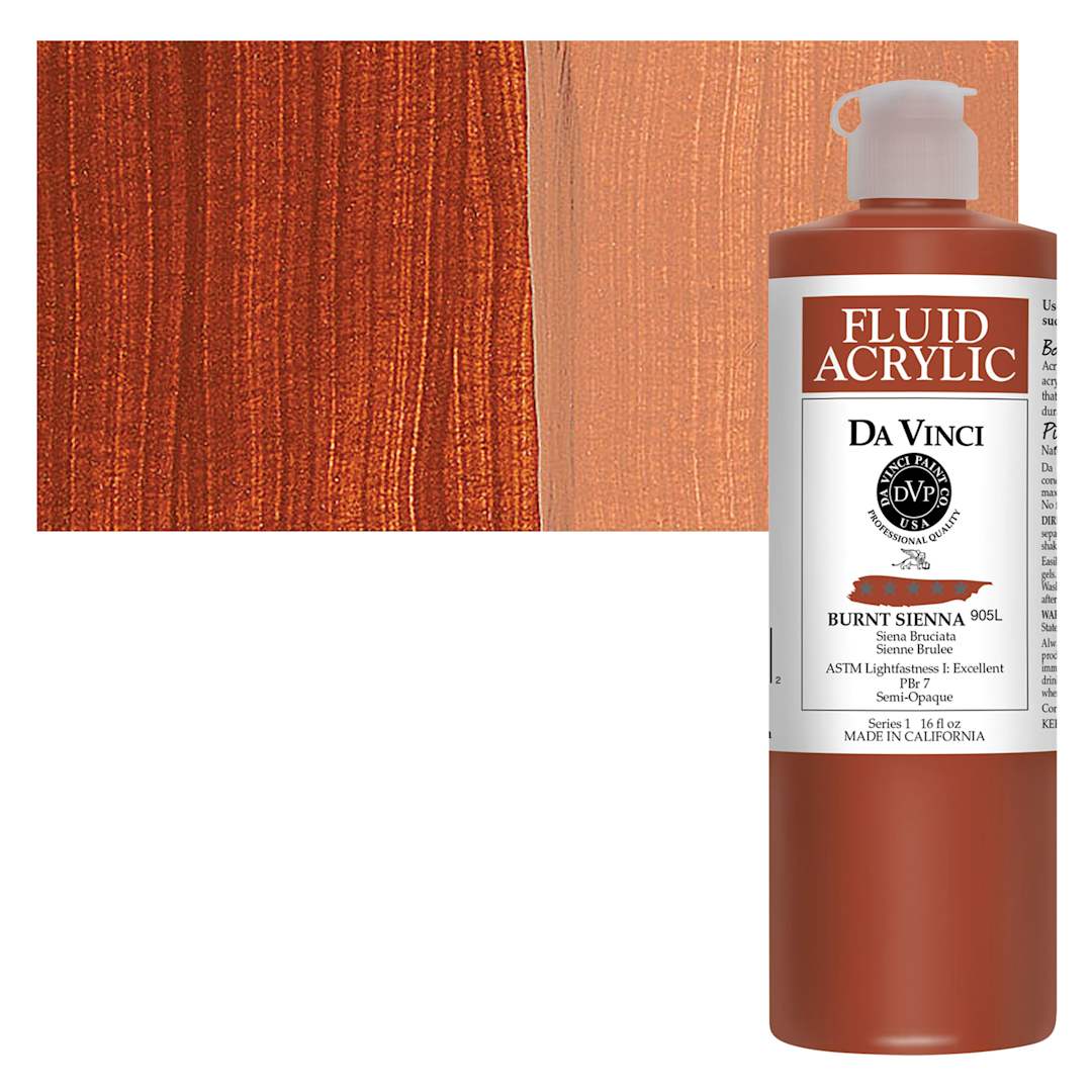 Open in modal - Da Vinci Fluid Acrylic Paint - Burnt Sienna, 16 oz bottle and swatch
